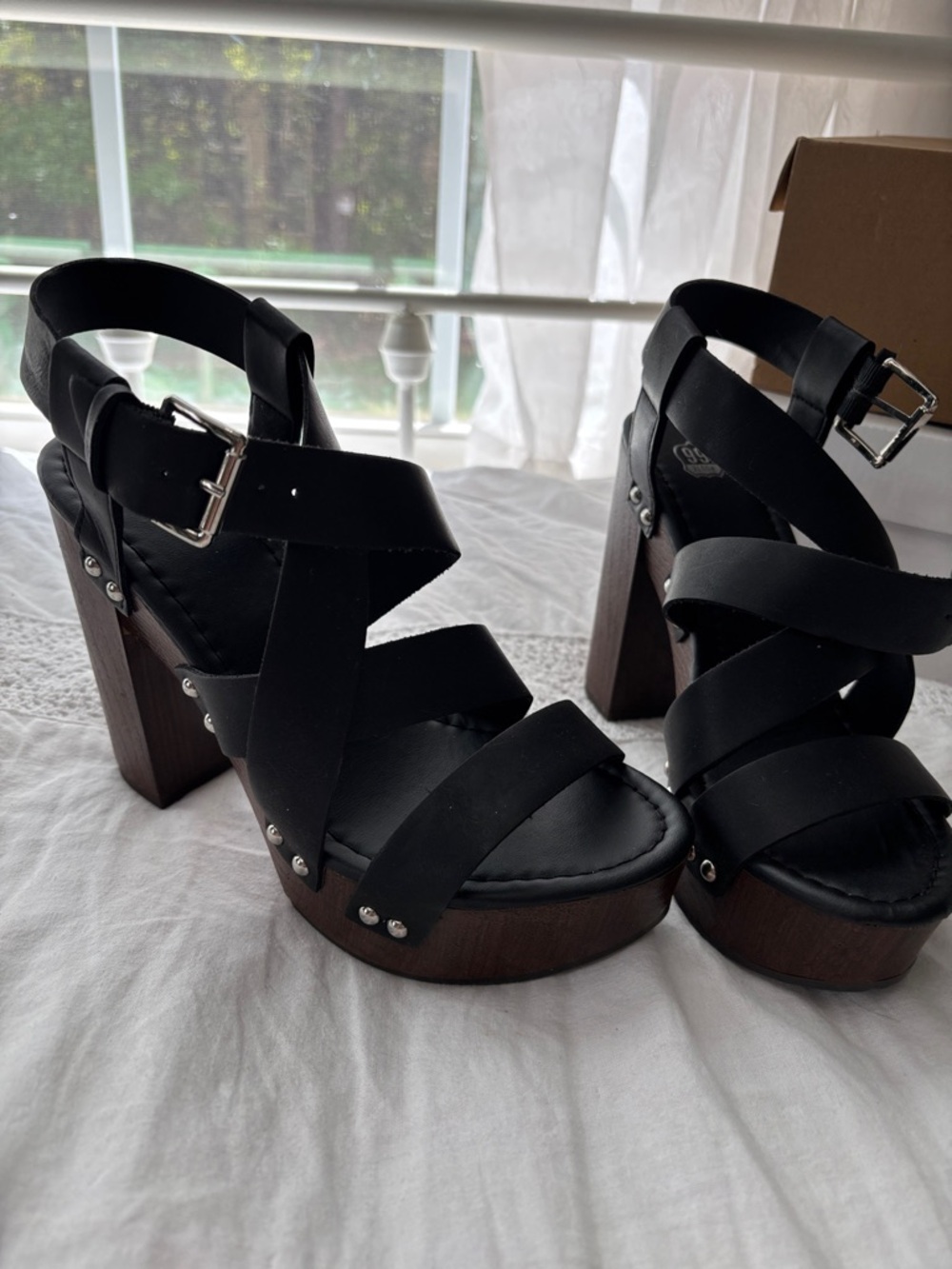 Route 66 Black Strappy Platform Sandals with Wooden Block Heel - Women